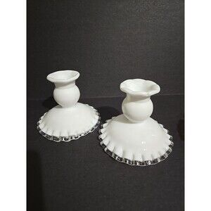 Fenton Silver Crest Milk Glass Ruffled Edge Candle Holders, Set of 2, Excellent